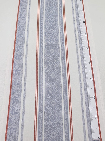 Холст полотенечный жаккард "Серо-голубая вышивка на белом с красным", ш.0.5м, лен-30%, хл-70%