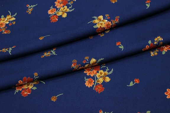 Штапель Премиум "Цветочные букетики" цв.темно-синий, ш.1.45м, вискоза-100%, 120гр/м.кв