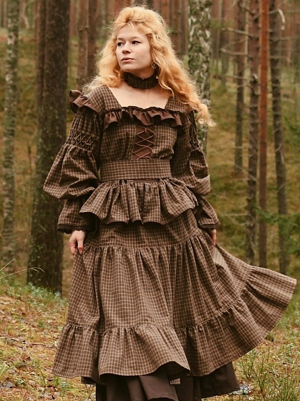 Платье из пестряди "Клетка" в коричнево-терракотовом цвете