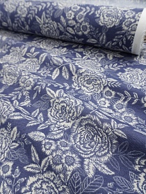 Ткань Дак "Цветочная гравюра" цв.джинс, ш.1.8м, хлопок-65%, п/э-35%, 215гр/м.кв