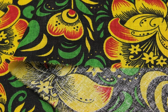 Бязь "Черно-желтая хохлома с зеленым", СОРТ2, ш.1.5м, хлопок-100%, 120гр/м.кв