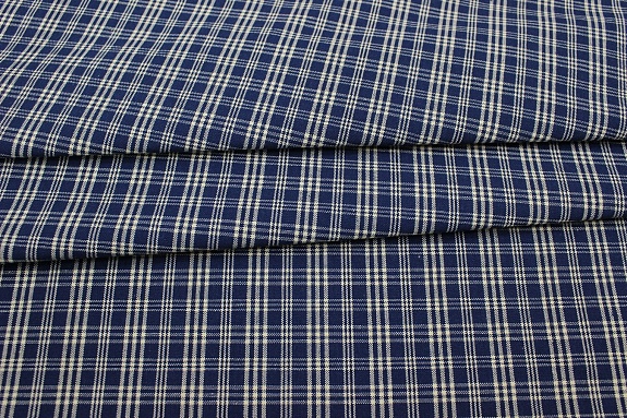 Мерный лоскут(ткань в отрезах) - Пестрядь этнографическая под домоткань "Белая клетка на темно-синем