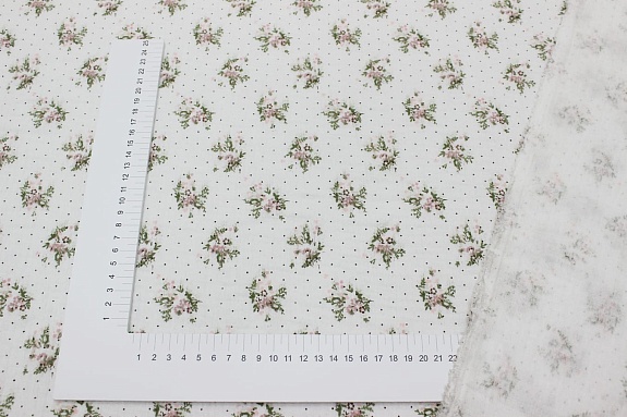 Муслин двухслойный с эф.жатости "Ароматные букетики с горошком" цв.белый, СОРТ2, ш.1.4м, хлопок-100%