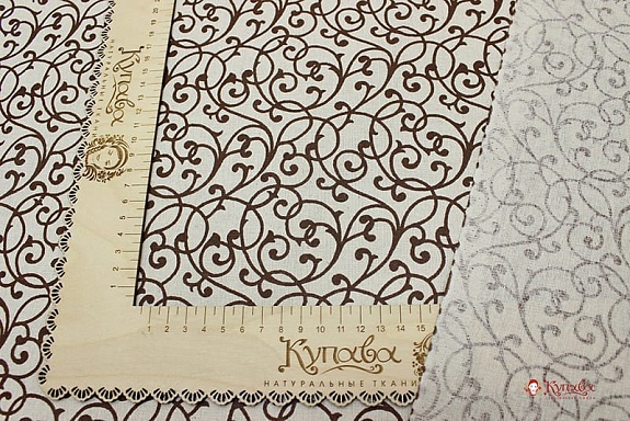Полулен "Средние шоколадные вензеля на суровом", ш.1.5м, лен-30%, хлопок-70%, 140гр/м.кв