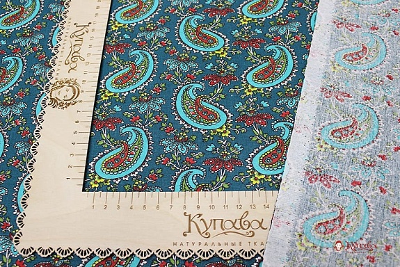 Бязь "Бирюзовые огурчики на темно-морской волне", ш.1.5м, хлопок-100%, 120гр/м.кв