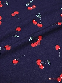 Мерный лоскут - Штапель "Вишенки на чернильно-фиолетовом", ш.1.43м, вискоза-100%, 90гр/м.кв