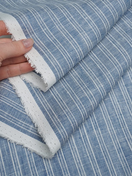 Лен сорочечный с умягчением"Тройная белая полоска" цв.джинсовый, ш.1.5м, лен-100%, 125гр/м.кв