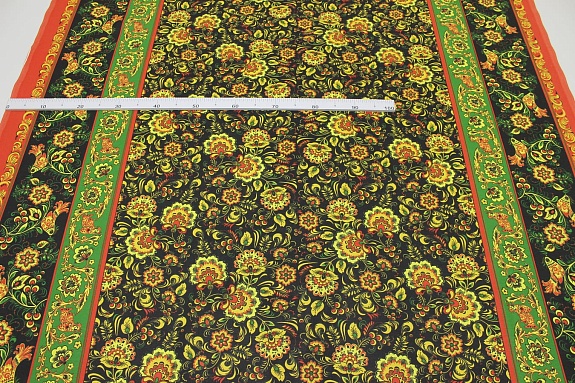 Рогожка "Желто-зеленая хохлома на черном с птицами", ш.1.5м, хлопок-100%, 170гр/м.кв