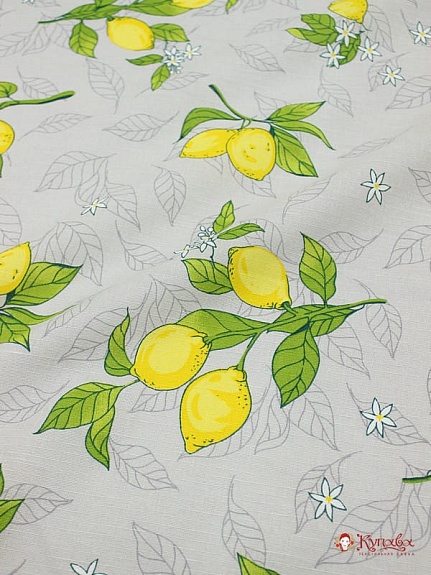 Полулен "Лимонный сад на светло-серой дымке", ш.1.5м, лен-30%, хлопок-70%, 147гр/м.кв
