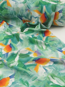 Штапель "Акварельные ирисы" цв.зеленый, ш.1.45м, вискоза-100%, 100гр/м.кв