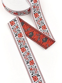 Жак.лента 50мм Красно-черные цветы на белом