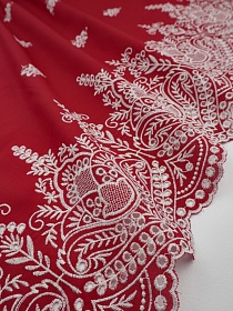 Вышитая ткань "Цветочный венец" цв.красный, ш.1.32м, хлопок-100%, 170гр/м.кв 