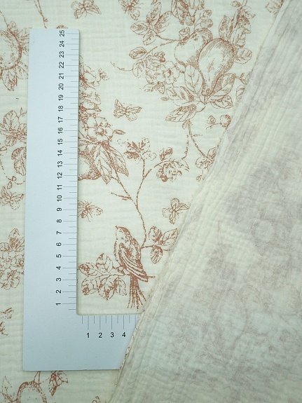 Муслин двухслойный с эф.жатости "Садовая трель" цв.кремовый/коричневый, ш.1.4м, хл-100%, 115гр/м.кв