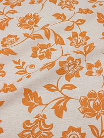 Полулен "Оранжевые цветы" (на суровом), ш.1.5м, лен-30%, хлопок-70%, 147гр/м.кв