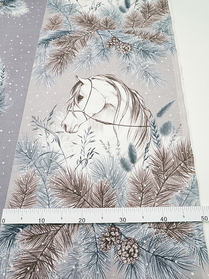 Рогожка "Зимние лошадки", ш.1.5м, хлопок-100%, 165гр/м.кв, раппорт 64см