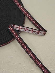 Жак.лента 10мм Красно-белый орнамент на черном