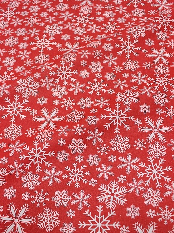 Бязь "Белые снежинки на красном", СОРТ2, ш.1.5м, хлопок-100%, 120гр/м.кв