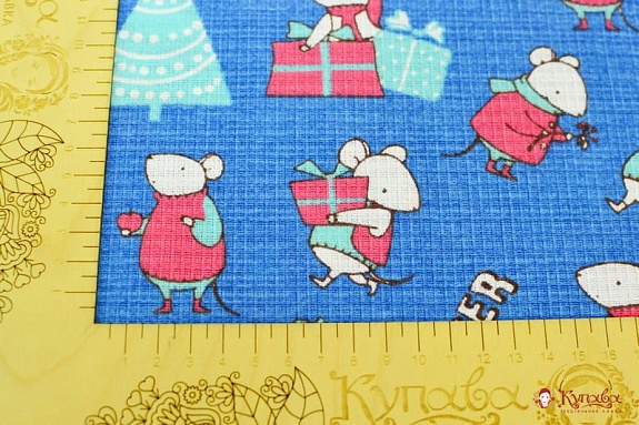 Вафельная ткань "Мышата с подарками (цв.синий)", хлопок-100%, шир-1.5 м