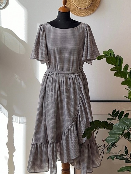 Платье из пестряди "Средняя клетка на серо-кофейном"