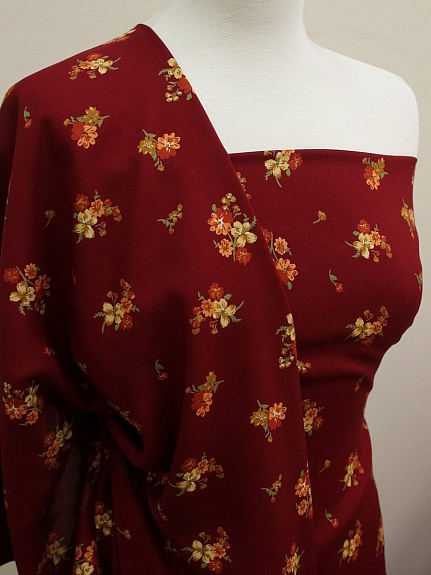 Штапель Премиум "Цветочные букетики" цв.т.бордово-красный, ш.1.45м, вискоза-100%, 120гр/м.кв