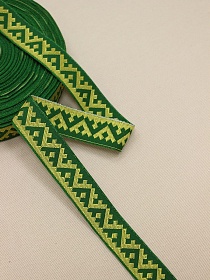 Жак.лента 24мм Св.желтый оберег на зеленом, рис.8621/9