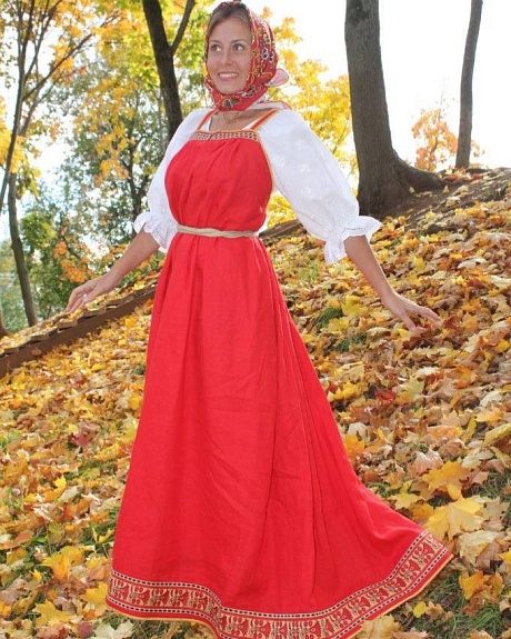 Сарафан с русском народном стиле льняной "Огонь цветок" блуза из Шитья*