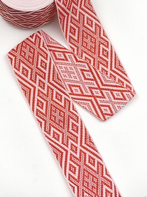 Жак.лента 70мм Красный славянский рисунок на бледно-розовом