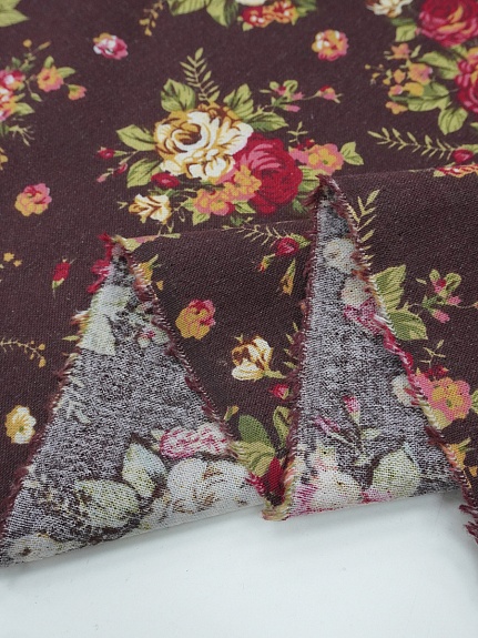 Хлопколен "Чайная роза на т.каштаново-коричневом", ш.1.46м, лен-20%, хлопок-80%, 140гр/м.кв