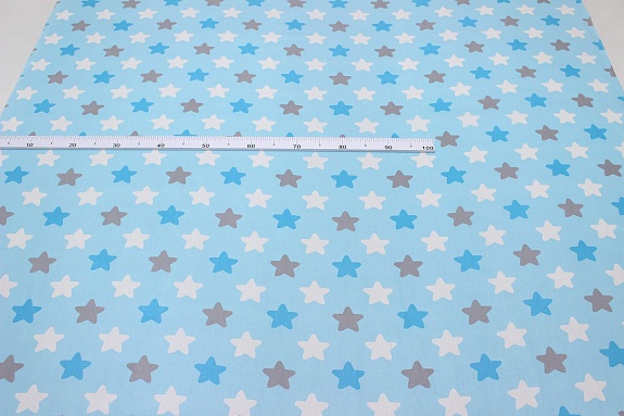 Поплин "Бело-серо-бирюзовые пряничные звезды на нежно-бирюзовом", СОРТ2, ш.1.5м, хл-100%,115гр/м.кв