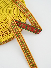 Жак.лента 18мм Красно-зеленый орнамент на желтом, рис.9047