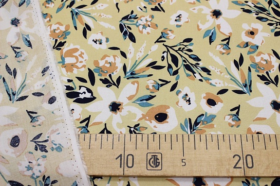 Штапель "Цветочное благоухание" цв.светлая горчица, ш.1.45м, вискоза-100%, 90гр/м.кв