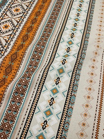 Полулен "Этнический орнамент" цв.корица/морская волна (на суровом), ш.1.5м, лен-30%, хл-70%