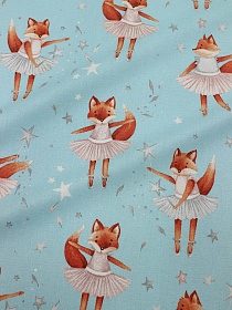 Перкаль "Лисята - балеринки" цв.бирюзовая дымка, ш.1.5м, хлопок-100%, 105гр/м.кв