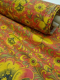 Бязь "Хохлома на красном", ш.1.5м, хлопок-100%, 120гр/м.кв