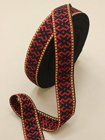 Лента тканая для поясов, 38мм Красный орнамент на черном (лимонная строчка), рис.9852