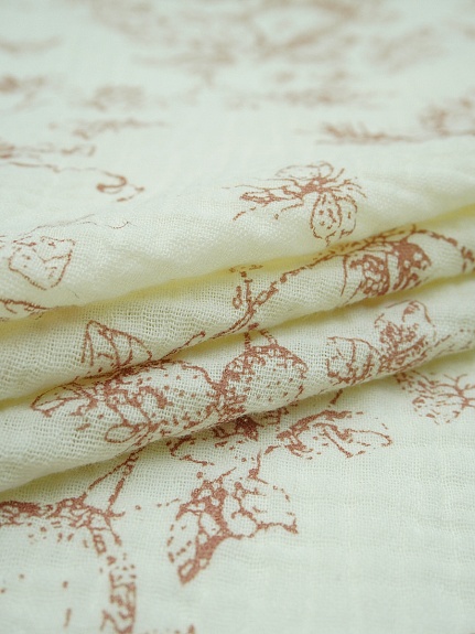 Муслин двухслойный с эф.жатости "Садовая трель" цв.кремовый/коричневый, ш.1.4м, хл-100%, 115гр/м.кв