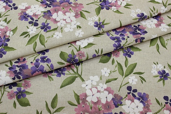 Полулен "Букетное очарование-фиолетовые цветочки" (на суровом), ш.1.5м, лен-30%, хл-70%, 140гр/м.кв