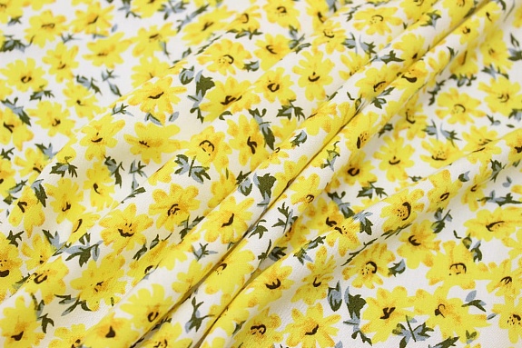 Штапель Премиум "Веселина (желтые цветы на молочном)", ш.1.43м, вискоза-100%, 120гр/м.кв