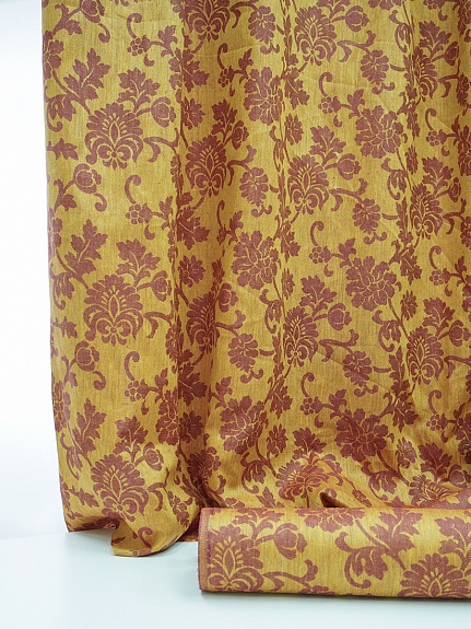 Льняной жаккард "Антония" цв.бордовый/золотисто-желтый, ш.1.7м, лен-100%, 205гр/м.кв