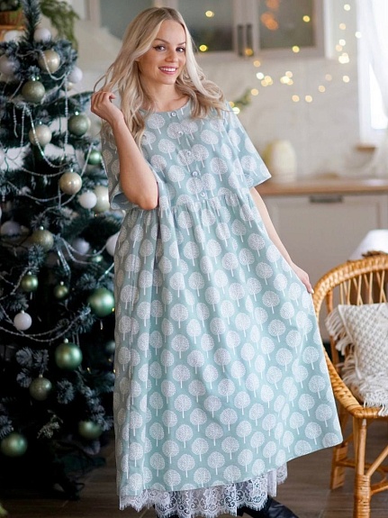 Платье из теплого хлопка "Белые деревья на св.винтажной мяте"