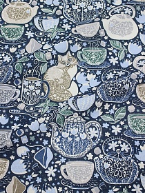 Рогожка "Милое чаепитие" цв.темно-синий, ш.1.5м, хлопок-100%, 165гр/м.кв