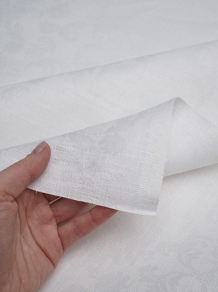 Мерный лоскут(ткань в отрезах) - Полулен скатертной жаккард "Восточные узоры" цв.белый,  ш.1.6 м