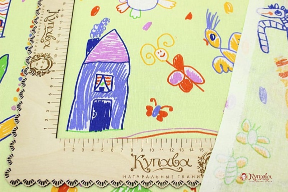 Бязь "Детский рисунок-Калякины фантазии" цв.мохито, ш.1.5м, хлопок-100%, 120гр/м.квВ ОТРЕЗАХ