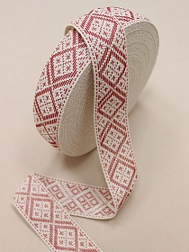 Лента тканая для поясов, 50мм Красные ромбы на суровом