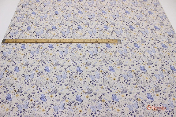 Полулен "Голубые бабочки на суровом", ш.1.5м, лен-30%, хлопок-70%, 140гр/м.кв