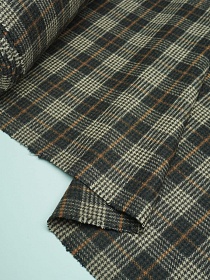 Шерсть пальтово-костюмная Твид "Клетка бежево-горчичная на коричневом", ш.1.5м, шерсть-50%, п/э-50%