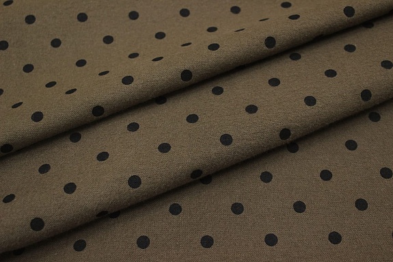Теплый хлопок "Черный горох (6мм) на коричневом хаки", ш.1.49м, хлопок-100%, 160гр/м.кв