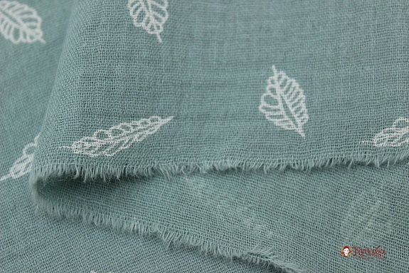 Муслин двухслойный с эф.жатости "Листочки" цв.голубой мох, ш.1.4м, хлопок-100%, 120гр/м.кв