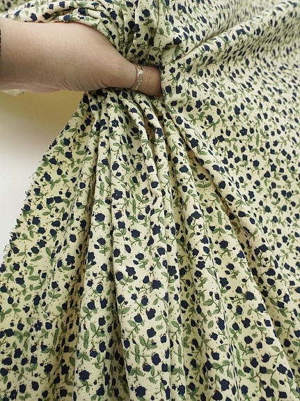 Теплый хлопок "Чернильные лютики на телесно-желтом", СОРТ2, ш.1.5м, хлопок-100%, 170гр/м.кв