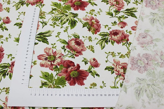 Ткань интерьерная "Бордовые пионы на белом", ш.1.48м, хл-80%, п/э-20%, 265гр/м.кв
